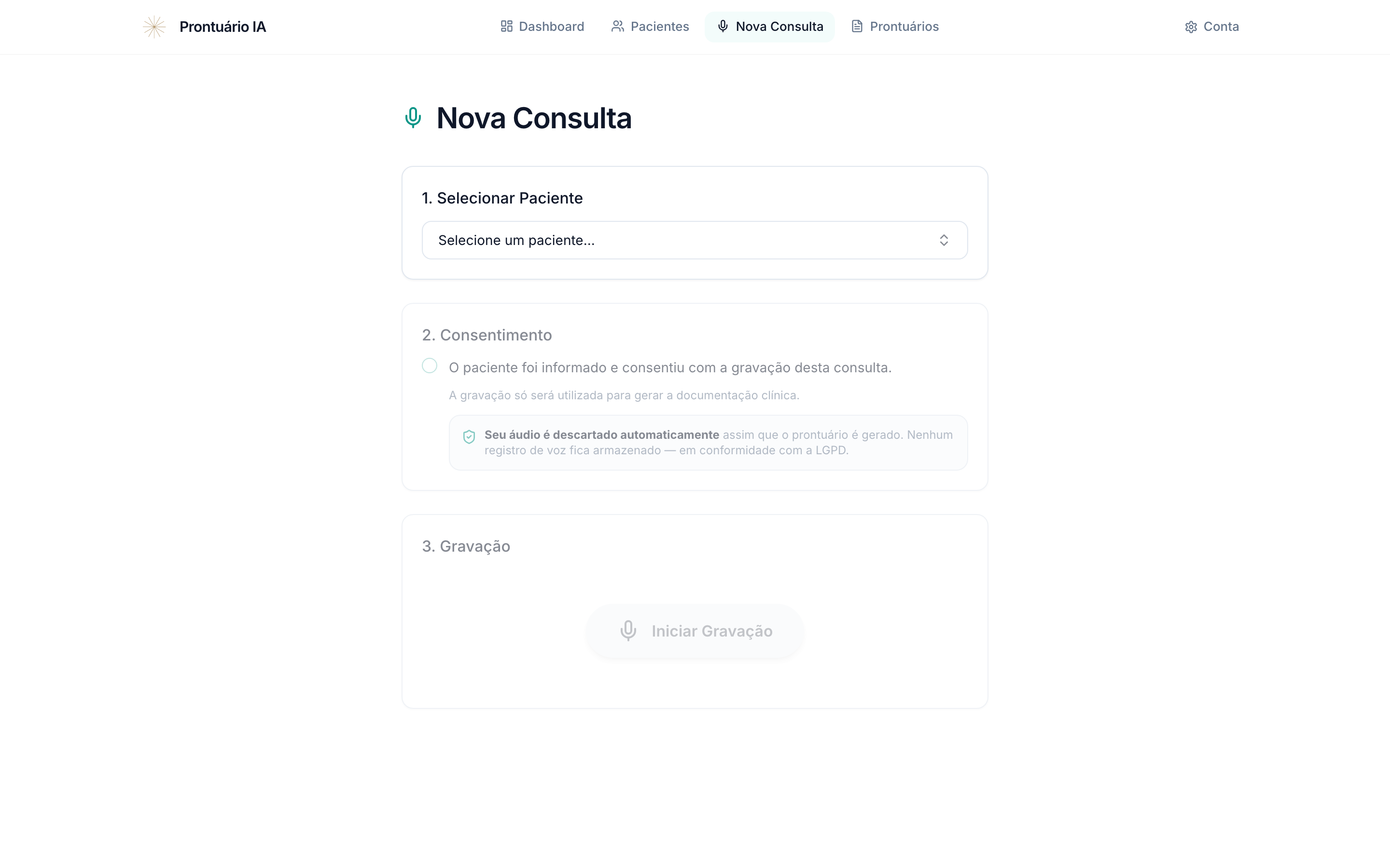 Tela de nova consulta do Prontuário IA